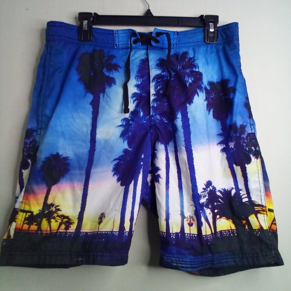 H & M Swim Trunks Men M Mesh Liner Hook Loop Closure Tropical Print Blue